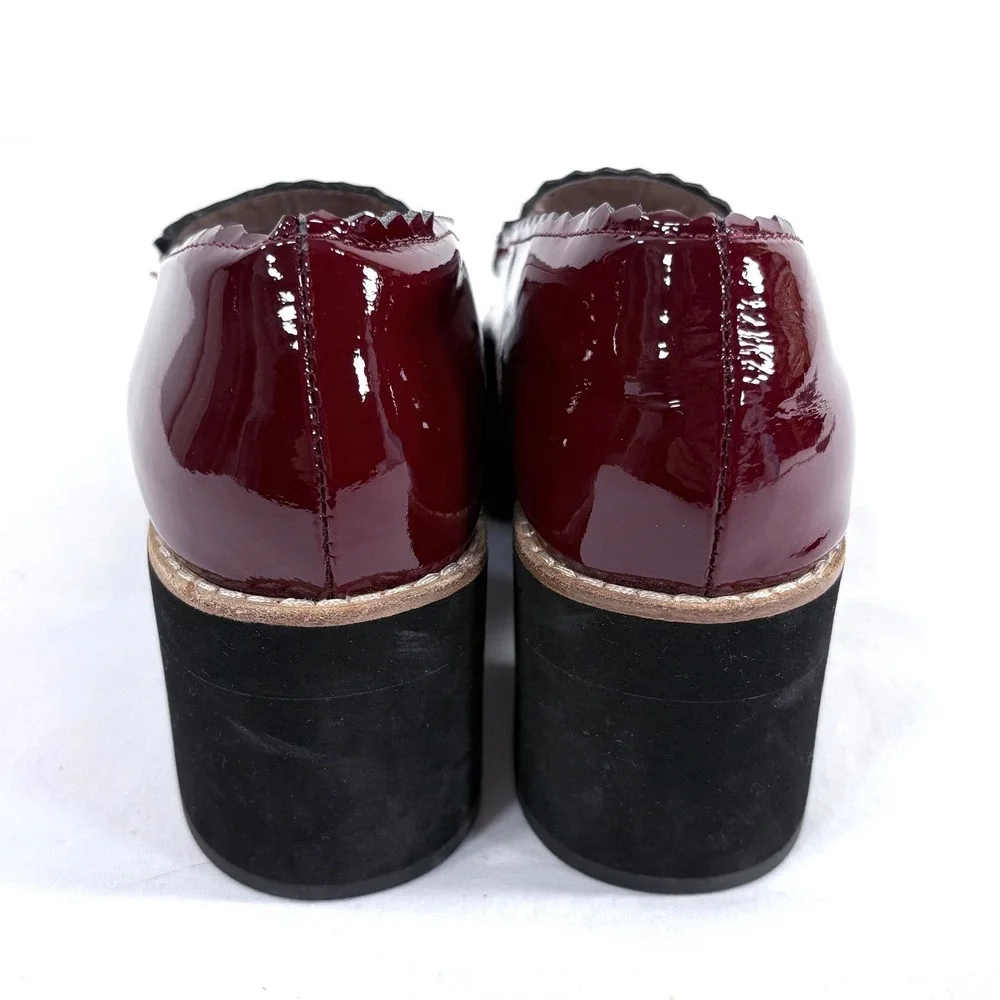 Eileen Fisher Patent Leather Platform Loafers Burgundy‎ Scalloped Heel Shoes